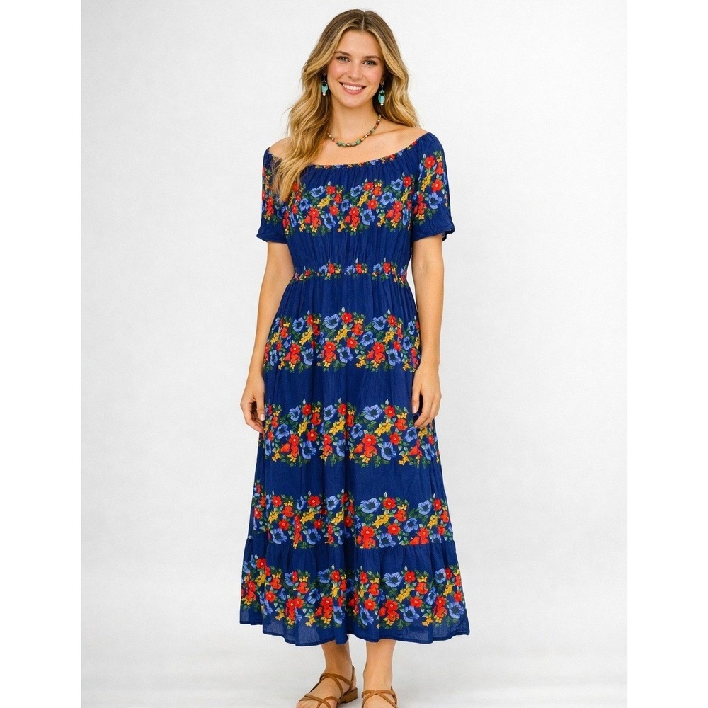Old Navy Floral Dress Womens Medium Blue Boho Cottage Country Peasant Long Midi